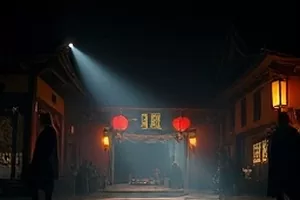 冬日放映机封面，老式胶片机对着雪地幕布投射光束